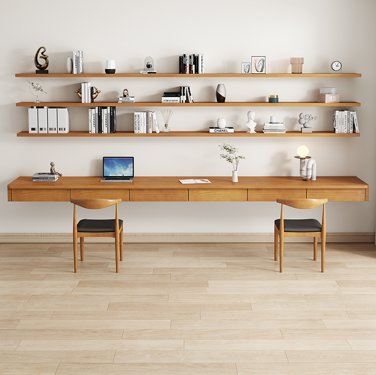 Floating solid wood study table and shelves