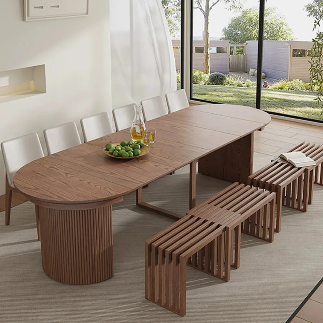 modern dining room with solid wood extendable dining table, fluted table legs and extendable benches