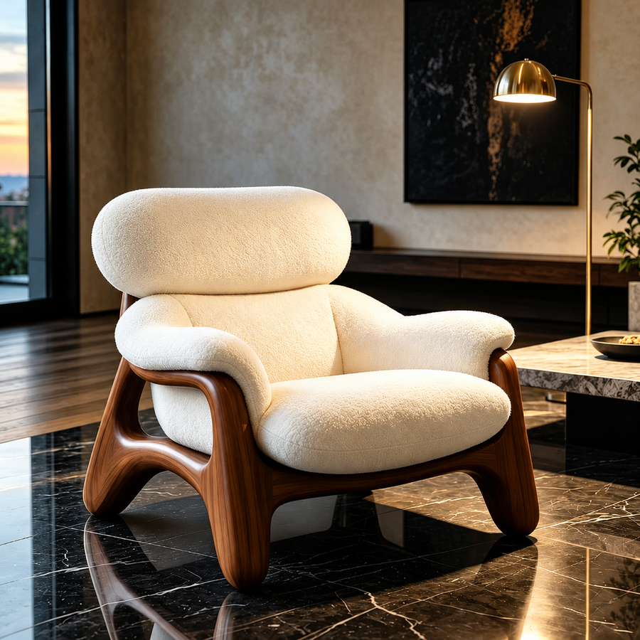 JUSTINO Modern Black Walnut Wood Boucle Lounge Chair - Urban Mood Singapore