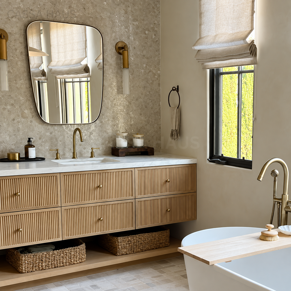 JANDA Japandi Fluted Solid Wood Marble Floating Vanity Sink - Cassa Haus Singapore