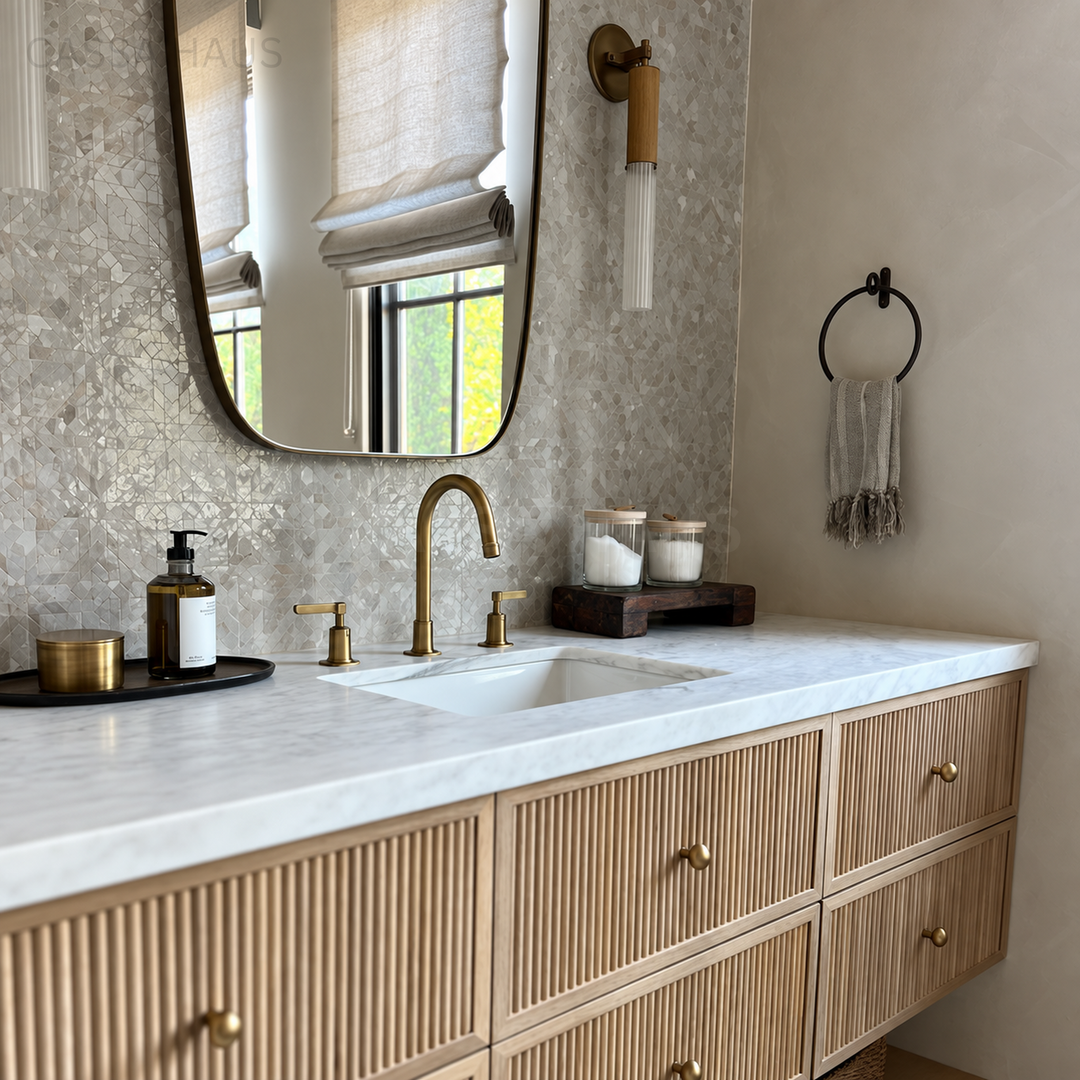 JANDA Japandi Fluted Solid Wood Marble Floating Vanity Sink - Cassa Haus Singapore