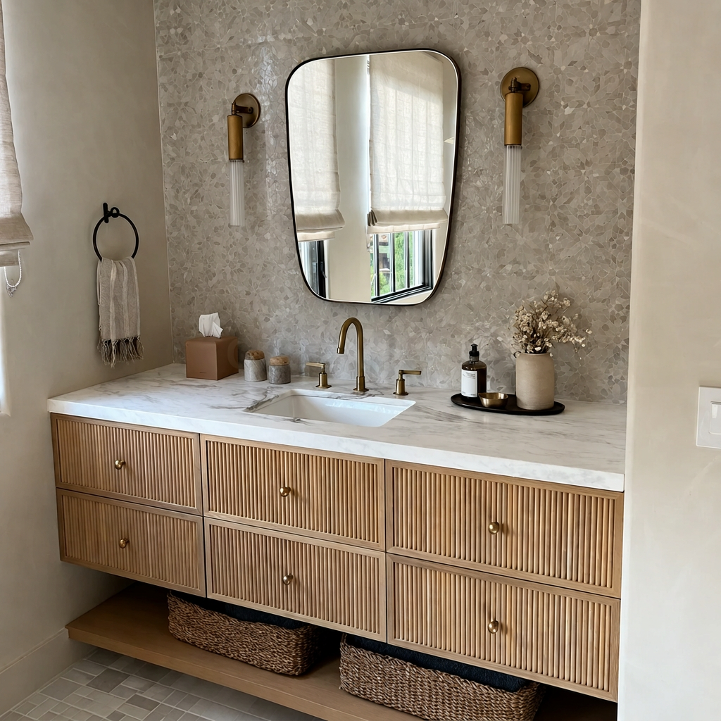 JANDA Japandi Fluted Solid Wood Marble Floating Vanity Sink - Cassa Haus Singapore