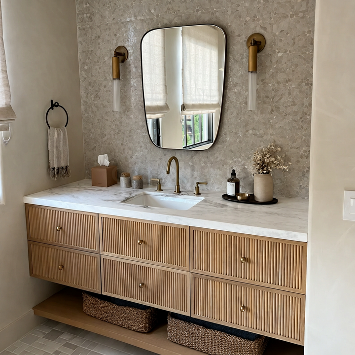 JANDA Japandi Fluted Solid Wood Marble Floating Vanity Sink - Cassa Haus Singapore