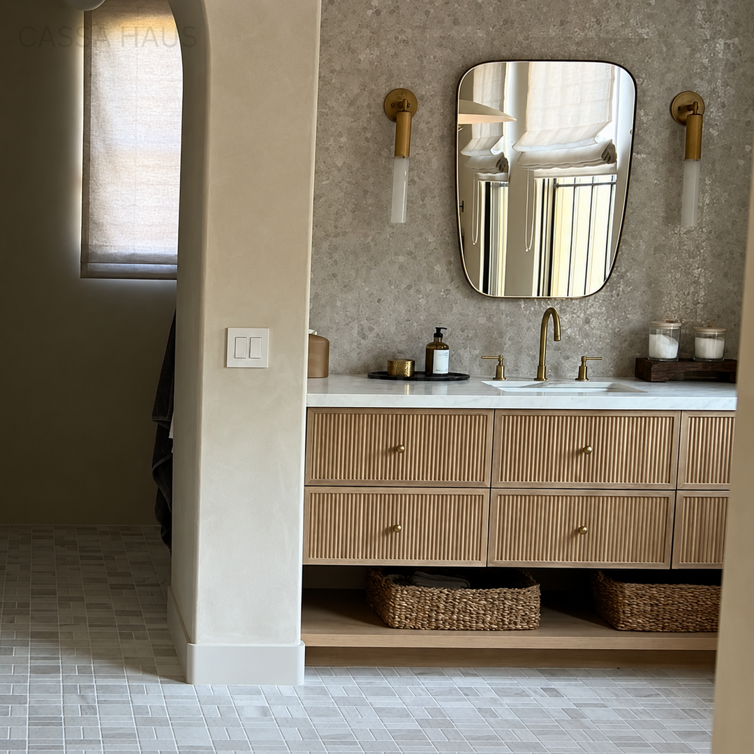 JANDA Japandi Fluted Solid Wood Marble Floating Vanity Sink - Cassa Haus Singapore