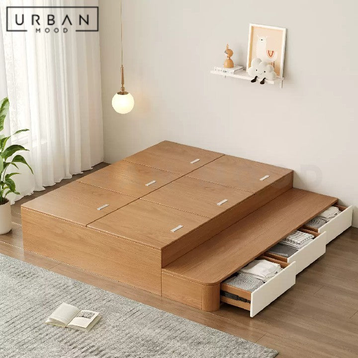 AQUENE Japandi Solid Wood Storage Bedframe