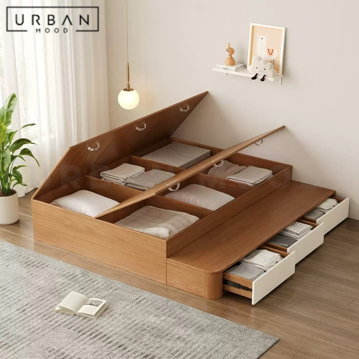 AQUENE Japandi Solid Wood Storage Bedframe