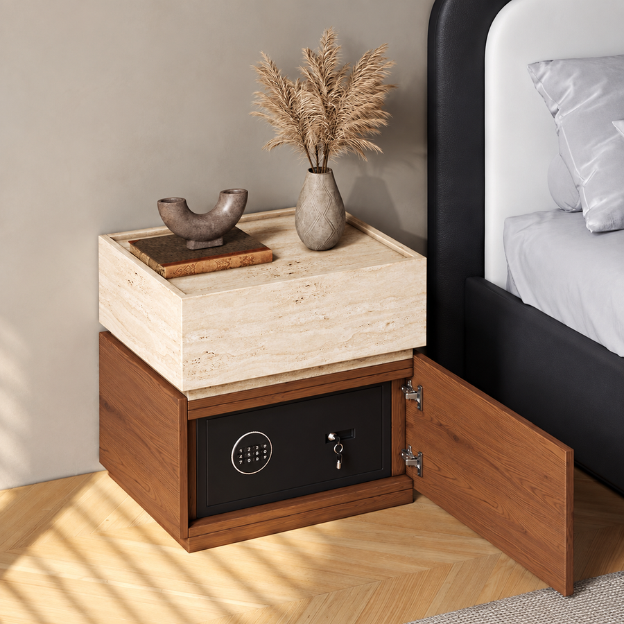 AUREN Modern Travertine Bedside Table With Safe - Cassa Haus Singapore