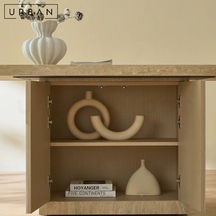 GUZMAN Modern Travertine Storage Dining Table