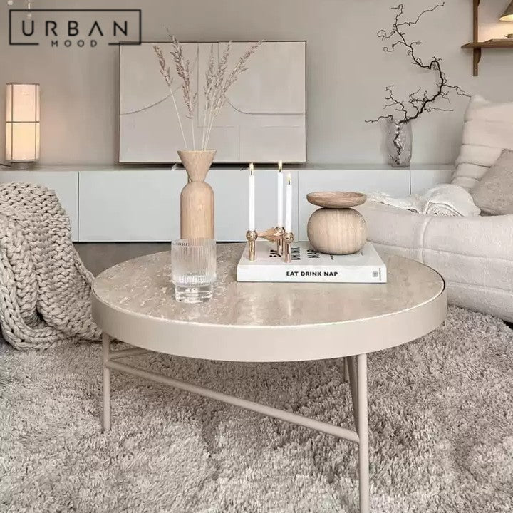 HECKE Modern Round Travertine Coffee Table