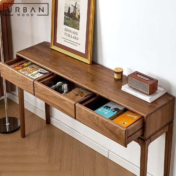 KVETA Modern Walnut Wood Console Table With Drawers