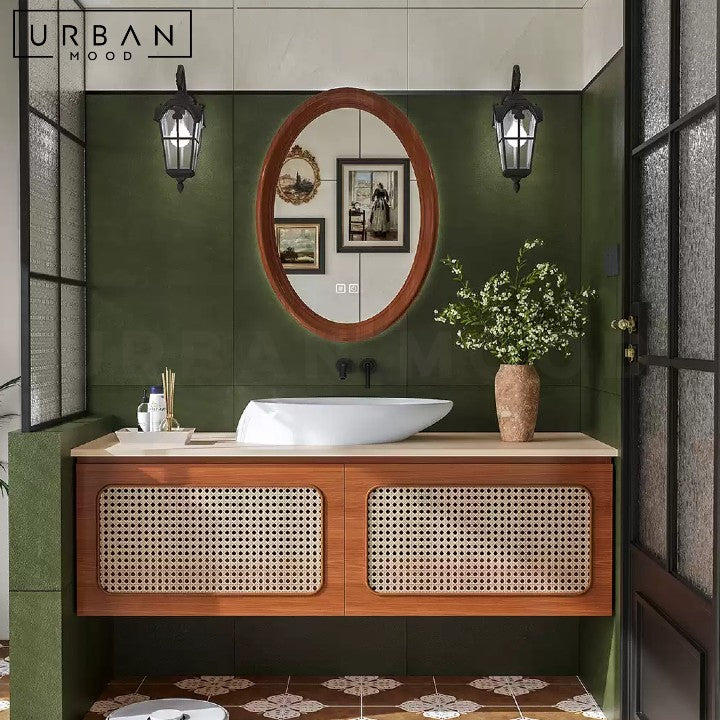 LEIVA Rustic Rattan Bathroom Vanity Mirror & Cabinet