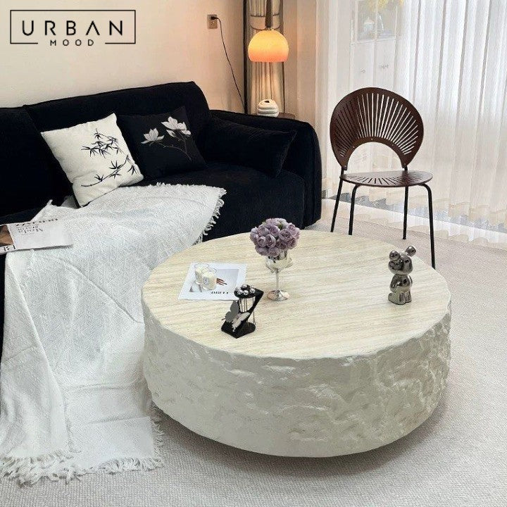 NARO Modern Travertine Round Coffee Table
