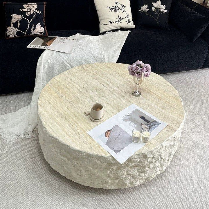 NARO Modern Travertine Round Coffee Table
