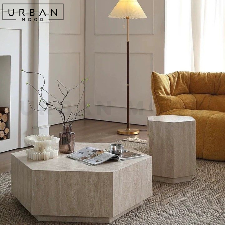 DREKA Modern Travertine Coffee & Side Table