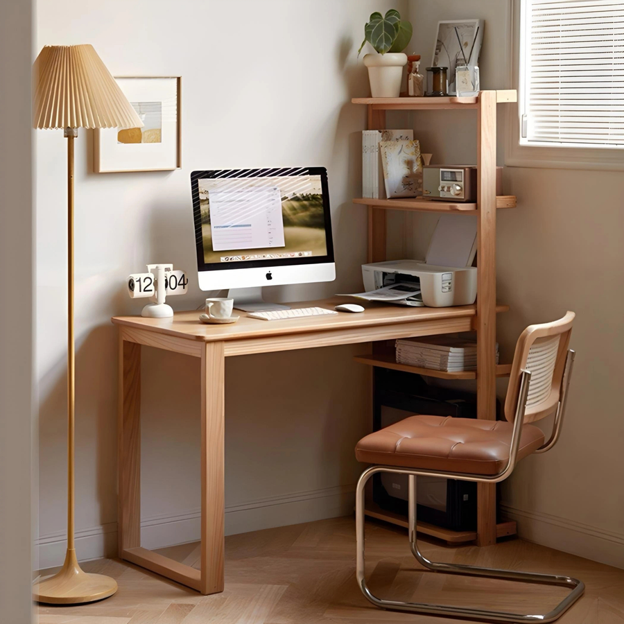 YELKO Modern Oak Wood Study Table with Shelves - Urban Mood Singapore