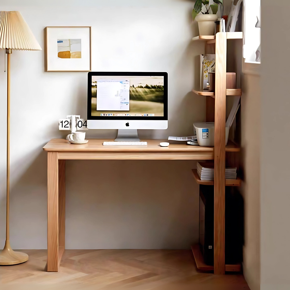YELKO Modern Oak Wood Study Table with Shelves - Urban Mood Singapore