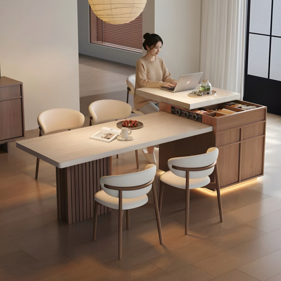 TERRAVANT Modern Travertine Island Dining Table With Extendable Storage - Cassa Haus Singapore