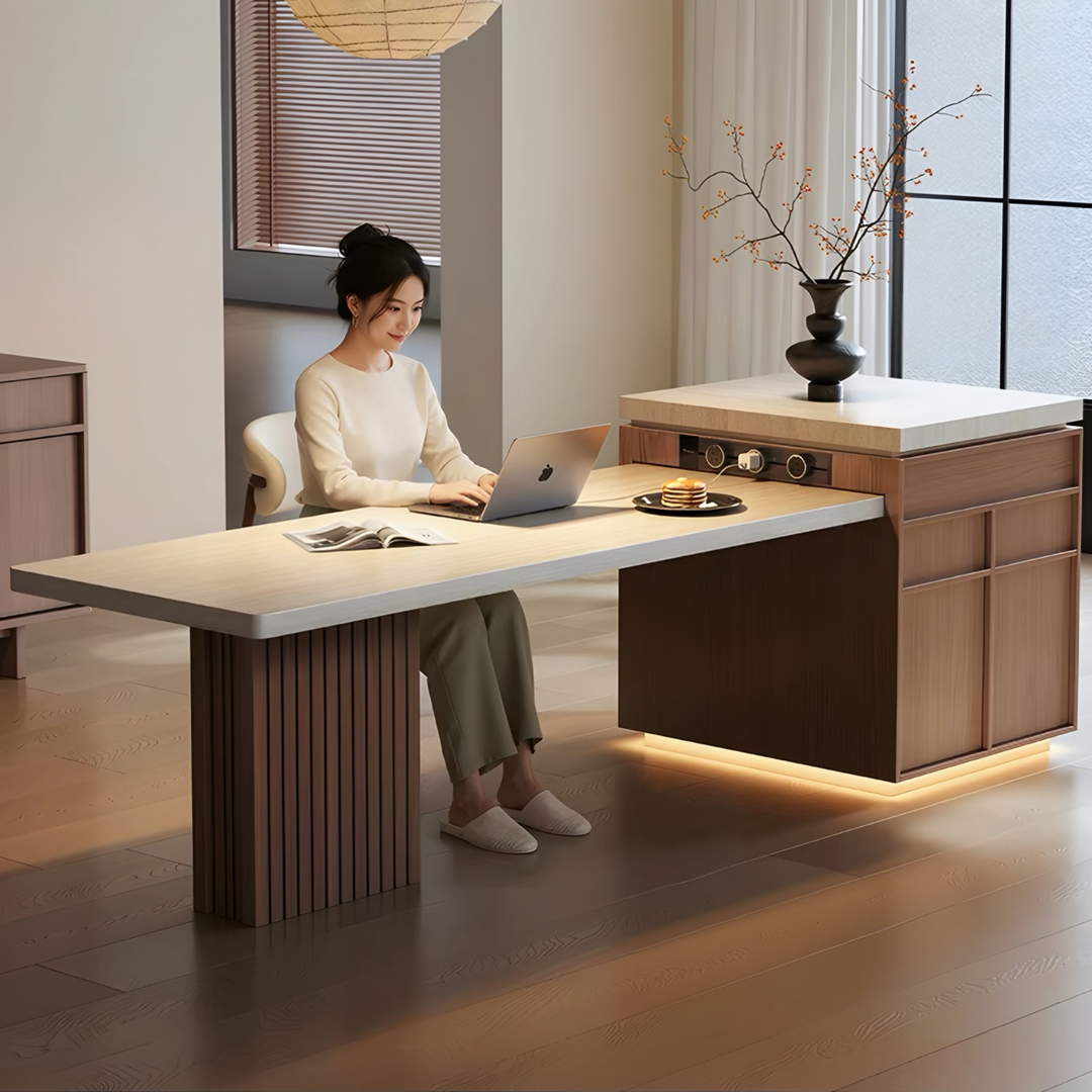 TERRAVANT Modern Travertine Island Dining Table With Extendable Storage - Cassa Haus Singapore