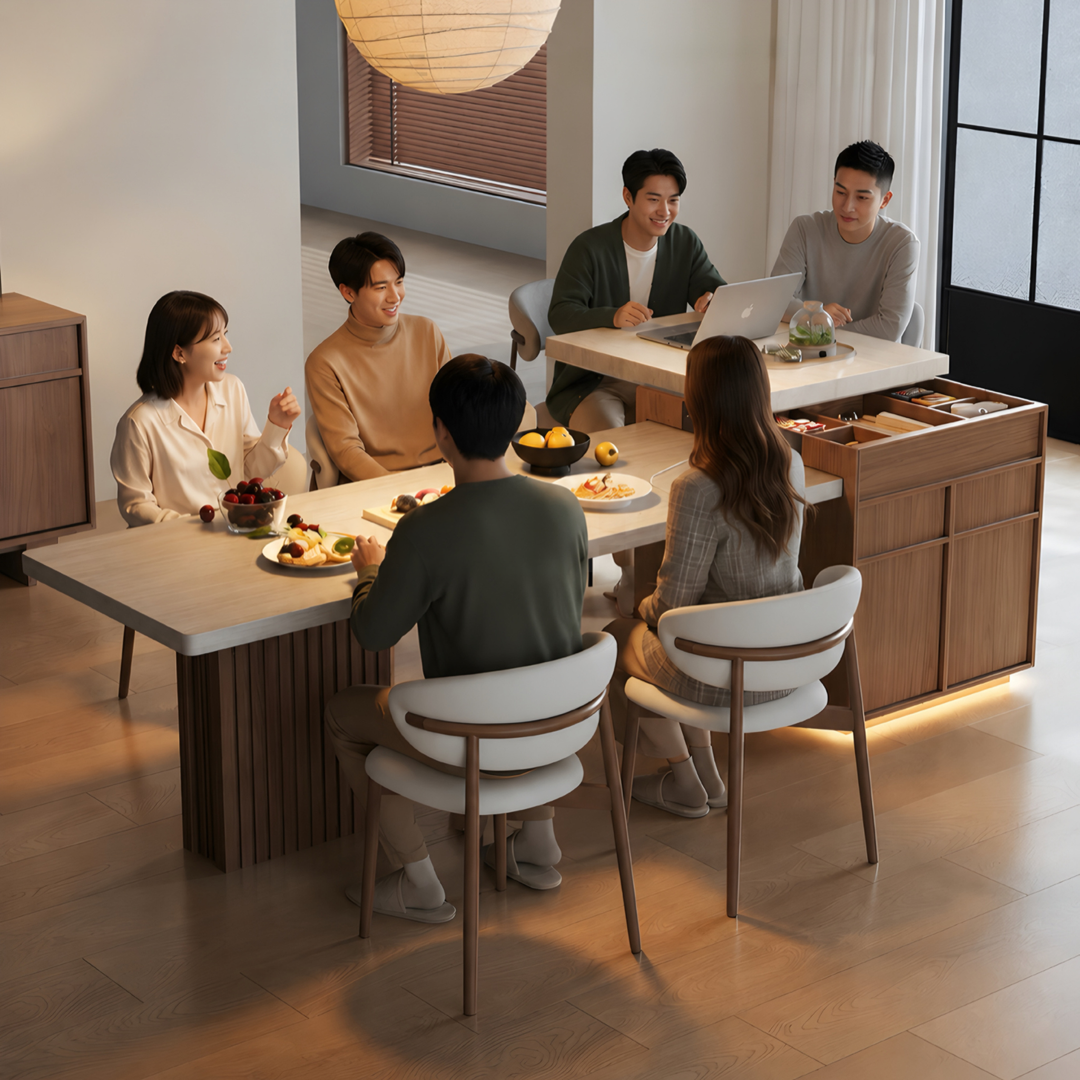 TERRAVANT Modern Travertine Island Dining Table With Extendable Storage - Cassa Haus Singapore
