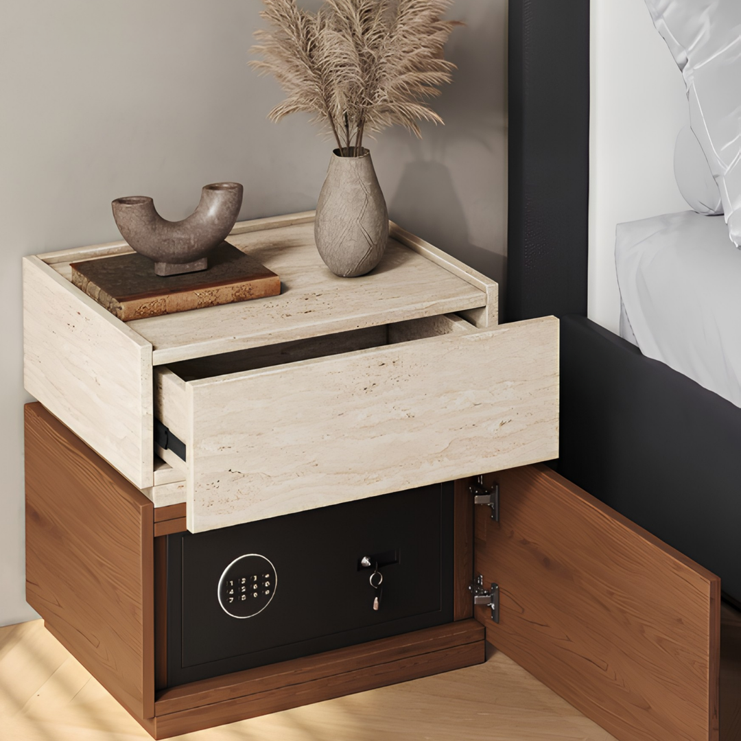 AUREN Modern Travertine Bedside Table With Safe - Cassa Haus Singapore