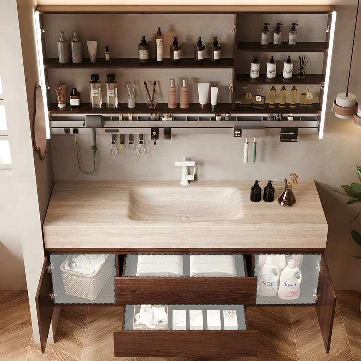 BRUNSWICK Modern Travertine Vanity Sink & Walnut Cabinet - Cassa Haus Singapore