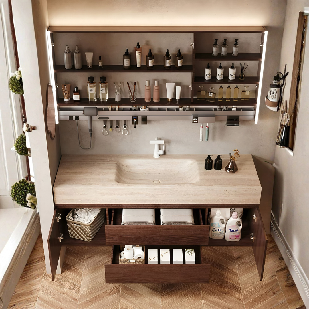 BRUNSWICK Modern Travertine Vanity Sink & Walnut Cabinet - Cassa Haus Singapore