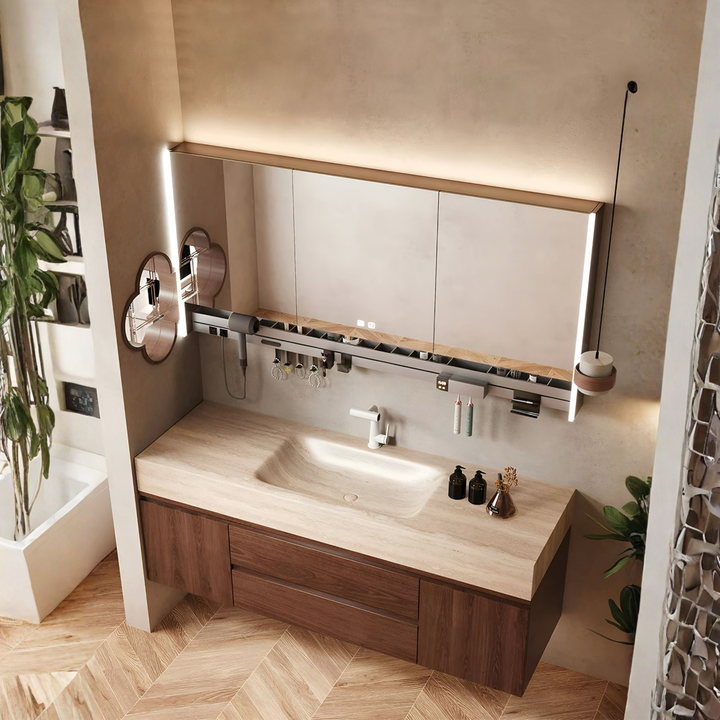 BRUNSWICK Modern Travertine Vanity Sink & Walnut Cabinet - Cassa Haus Singapore