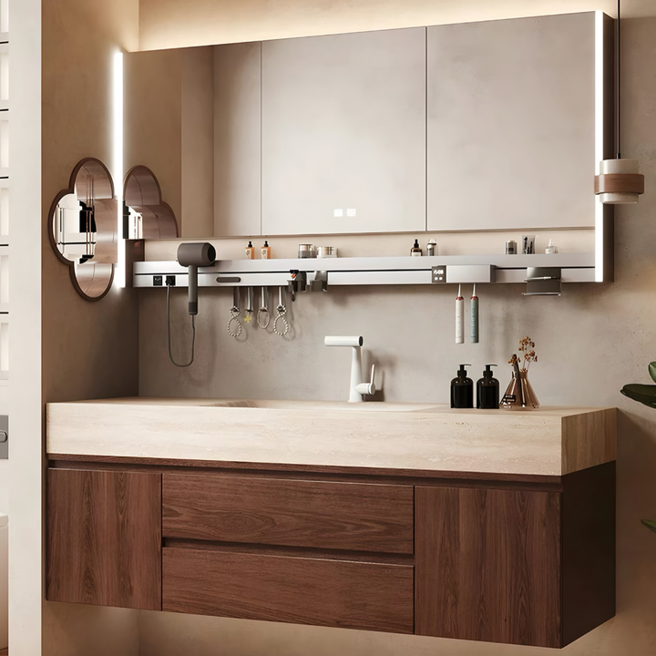 BRUNSWICK Modern Travertine Vanity Sink & Walnut Cabinet - Cassa Haus Singapore