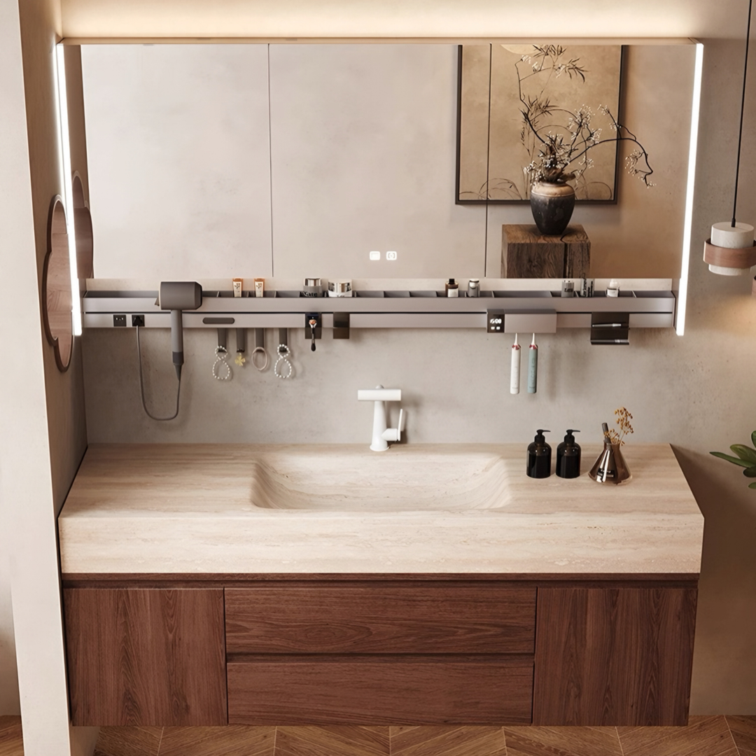 BRUNSWICK Modern Travertine Vanity Sink & Walnut Cabinet - Cassa Haus Singapore