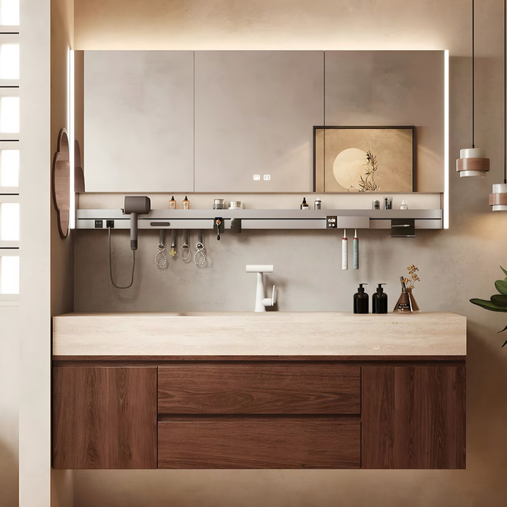 BRUNSWICK Modern Travertine Vanity Sink & Walnut Cabinet - Cassa Haus Singapore