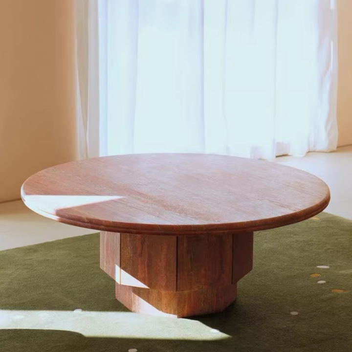 ROVENA Red Travertine Round Coffee Table - Cassa Haus Singapore