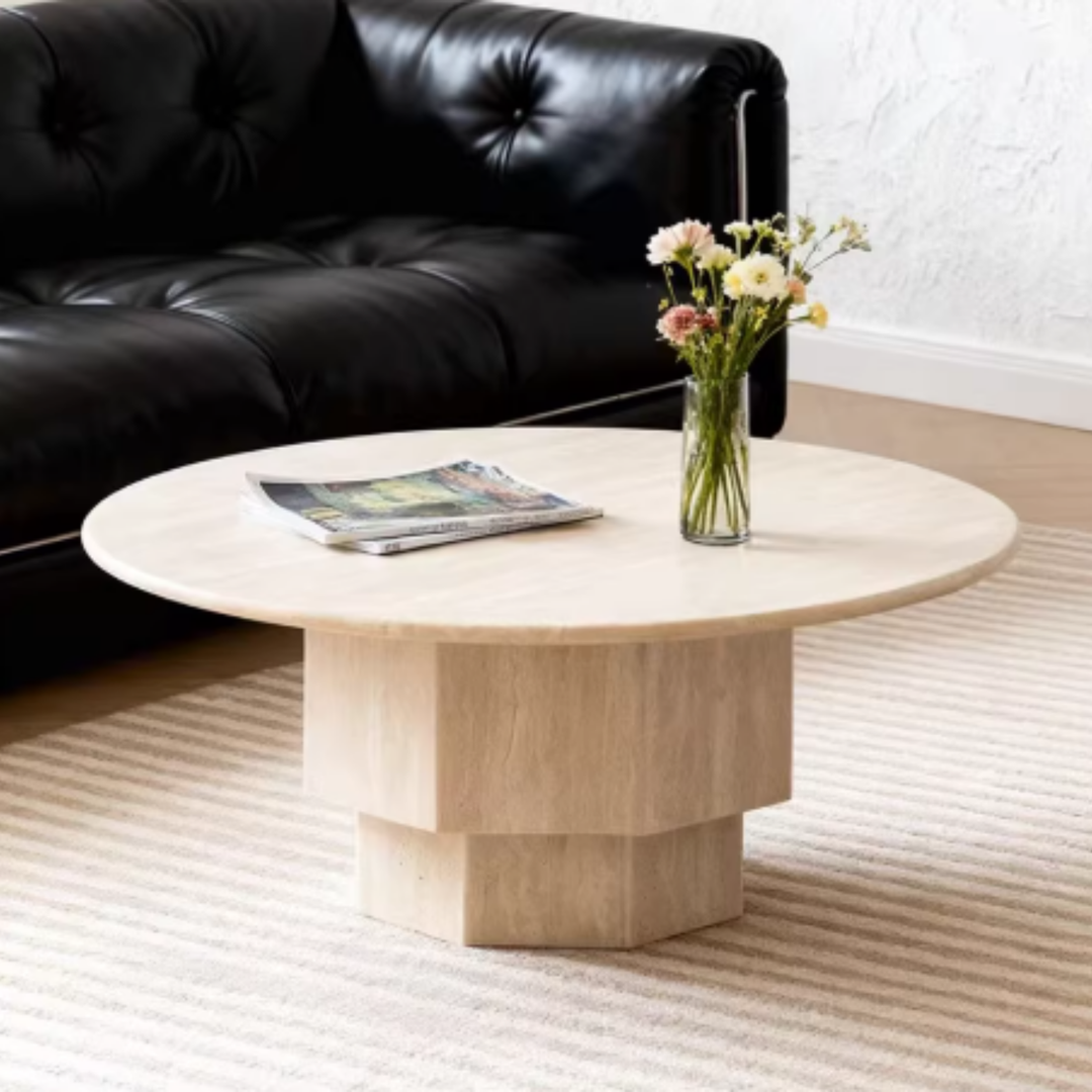 ROVENA Red Travertine Round Coffee Table - Cassa Haus Singapore