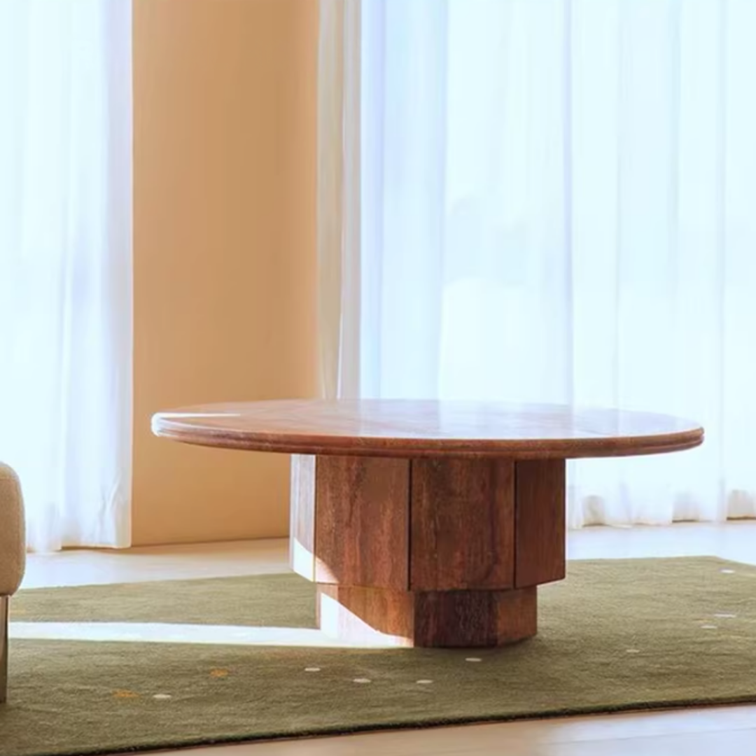 ROVENA Red Travertine Round Coffee Table - Cassa Haus Singapore
