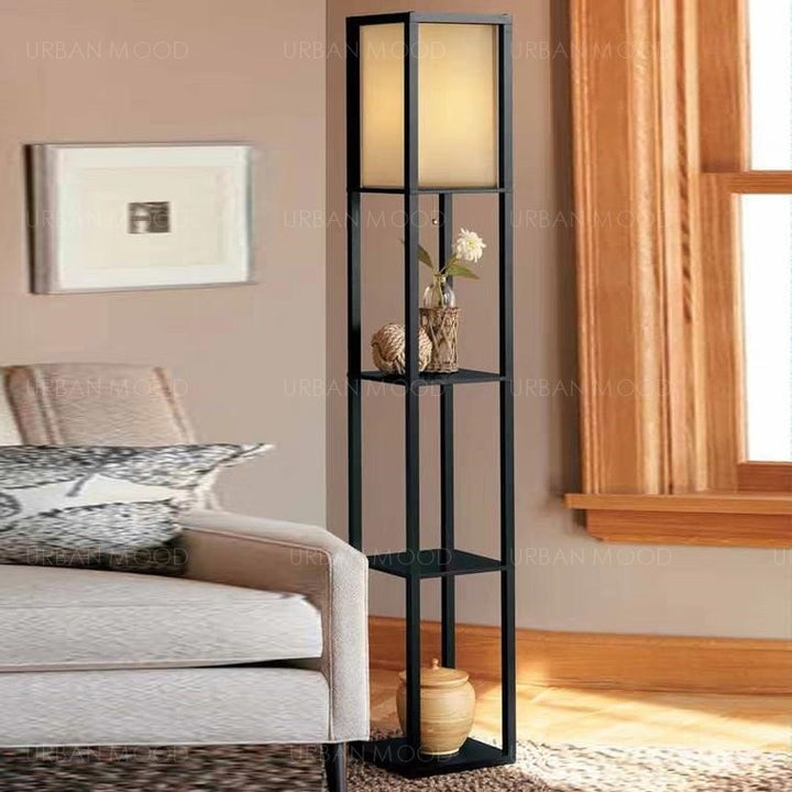 FAYE Oriental Wooden Standing Lamp with Display Shelves