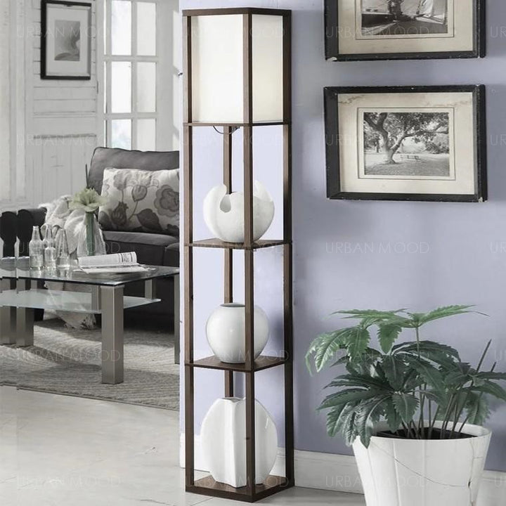 FAYE Oriental Wooden Standing Lamp with Display Shelves