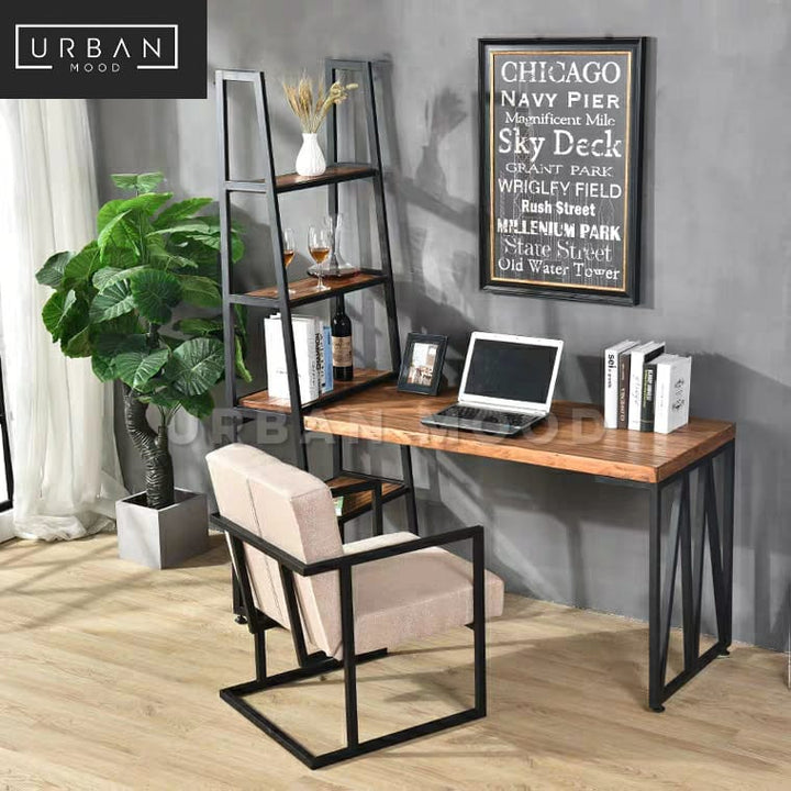 KOBANE Industrial Solid Wood Study Table with Ladder Shelf