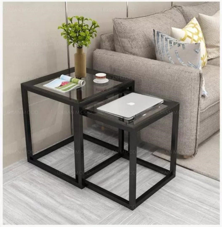 MARCIEL Modern Industrial Tempered Glass Side Table