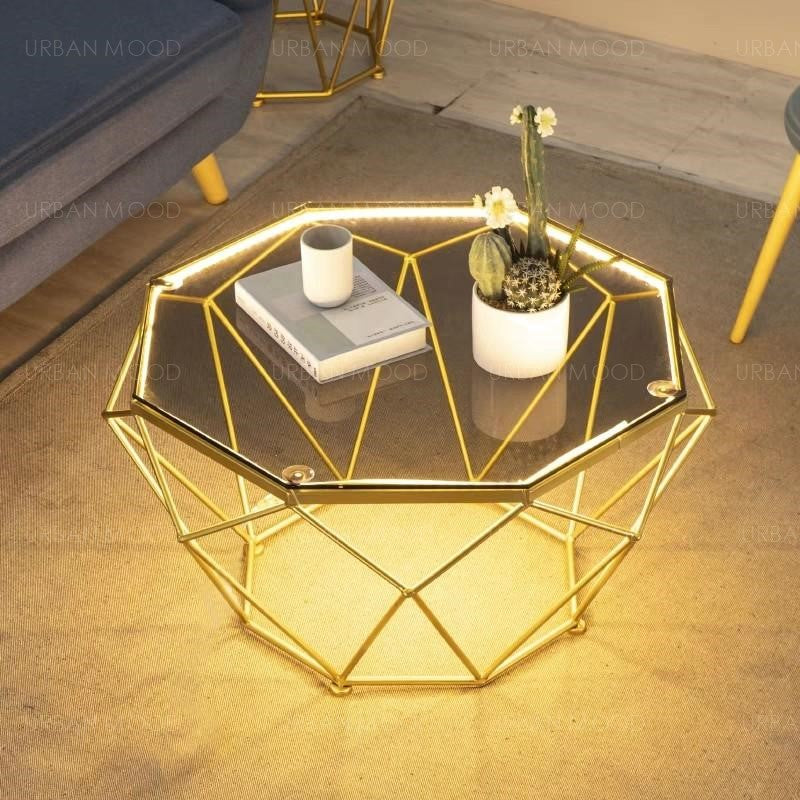 OCTAGON LED Modern Geometric Glass Gold Wire Coffee Table