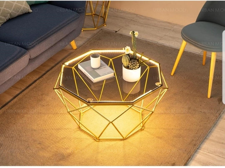 OCTAGON LED Modern Geometric Glass Gold Wire Coffee Table