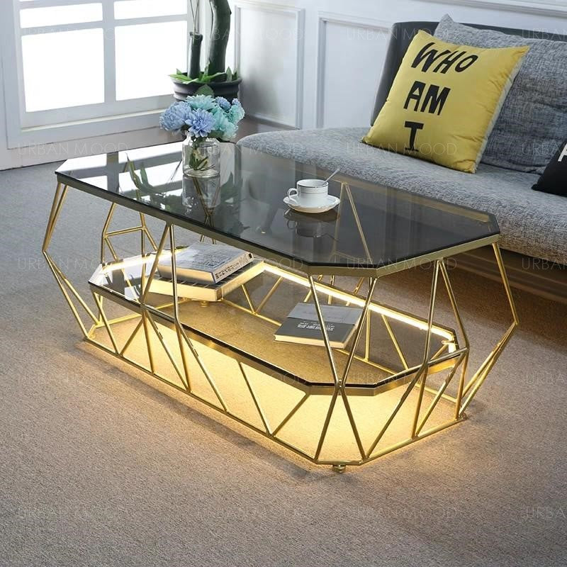 POLYGON Modern Geometric Glass Gold Coffee Table with Light