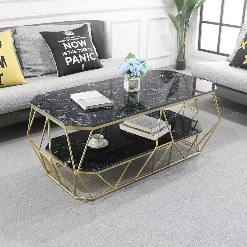 POLYGON Modern Geometric Glass Gold Coffee Table with Light