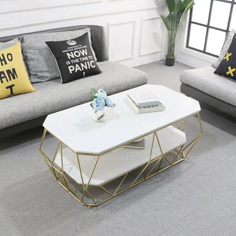 POLYGON Modern Geometric Glass Gold Coffee Table with Light