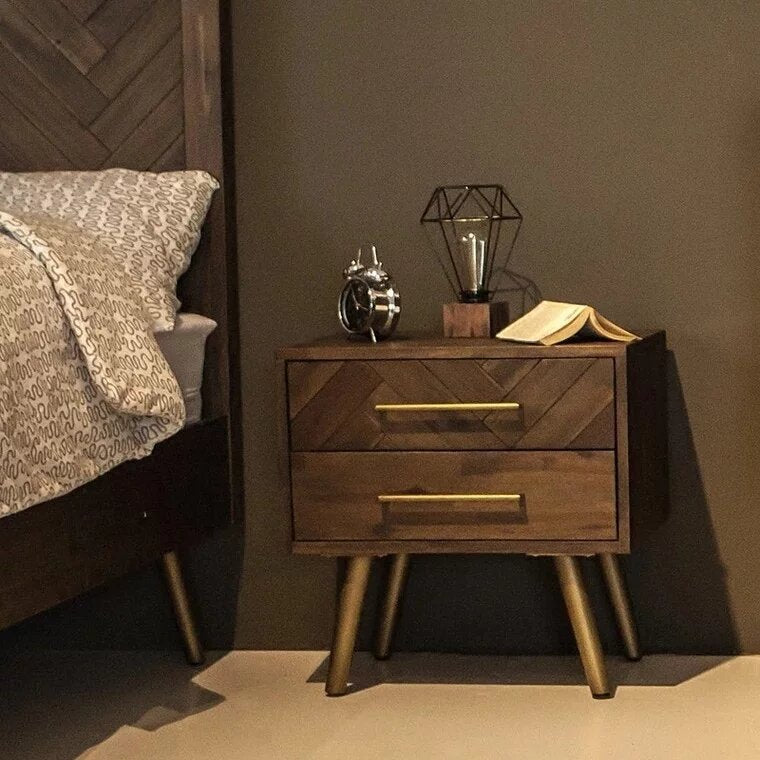 PATRON Herringbone Acacia Solid Wood Bedside Table