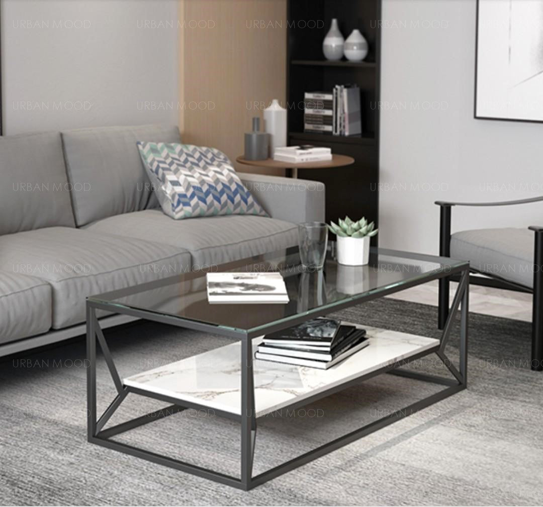 RILEY Modern Industrial Glass Top Coffee Table