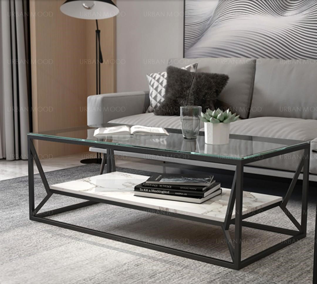 RILEY Modern Industrial Glass Top Coffee Table