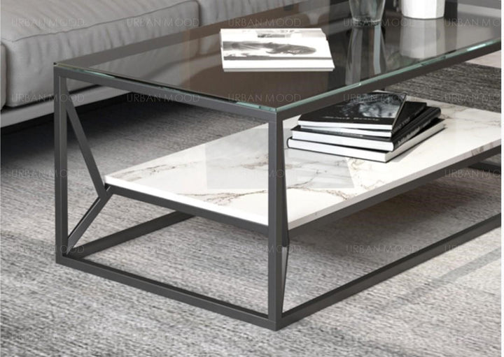 RILEY Modern Industrial Glass Top Coffee Table