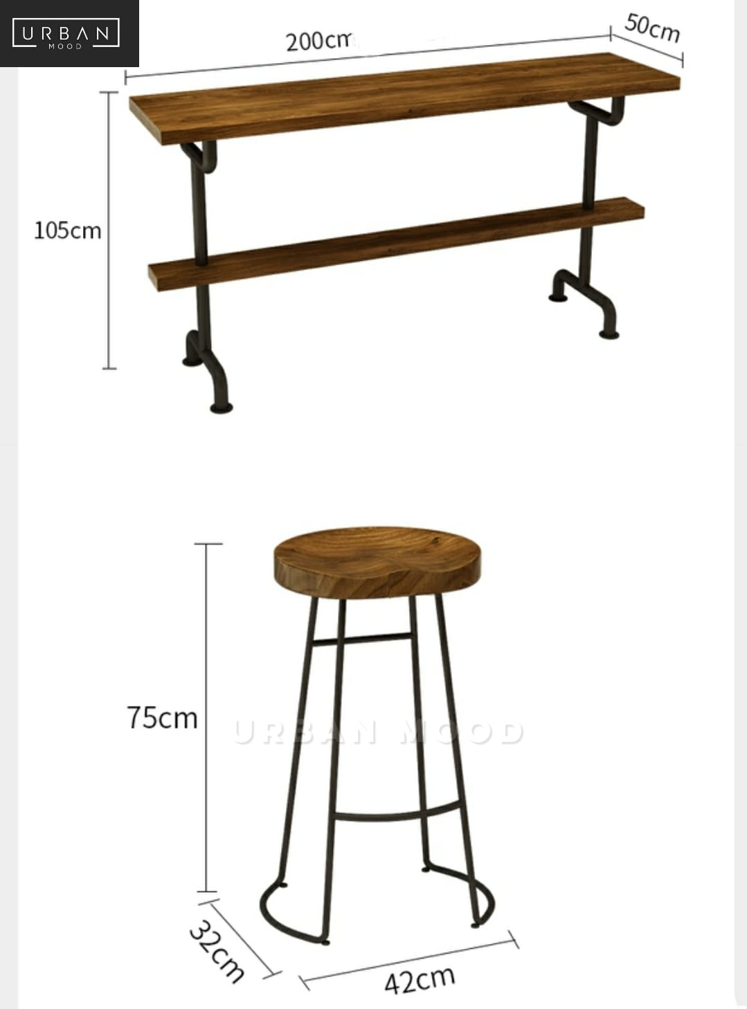 LOREN Industrial Solid Wood Bar Table