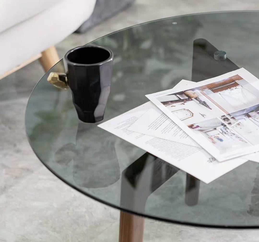 DUMO Round Glass Solid Wood Coffee Table