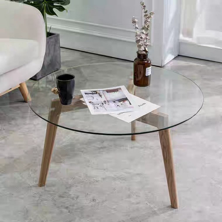 DUMO Round Glass Solid Wood Coffee Table